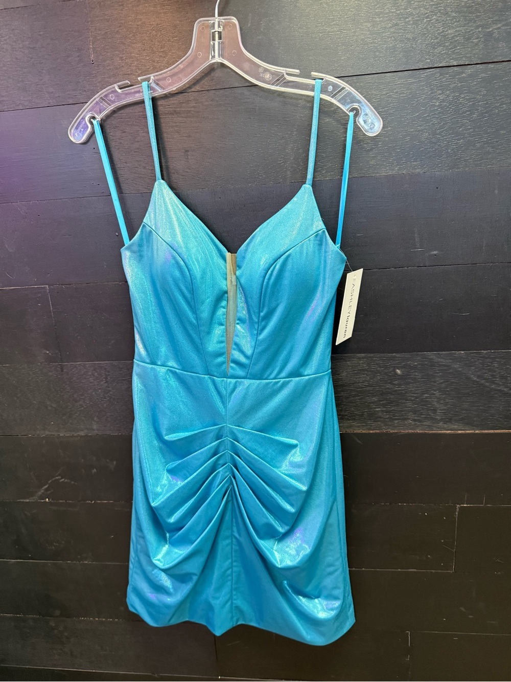 Shimmery Turquoise Sleeveless Mini Dress with Ruched Front